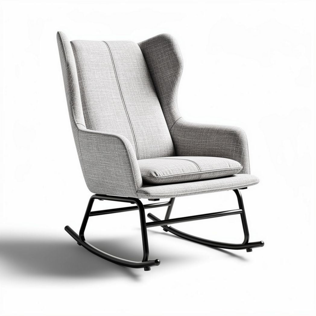 Rocking chair in gray fabric with a metal frame measuring 85 x 70 x 110cm