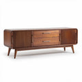 Mid-century modern wooden TV stand with storage drawers in walnut finish 150 x 40 x 50cm