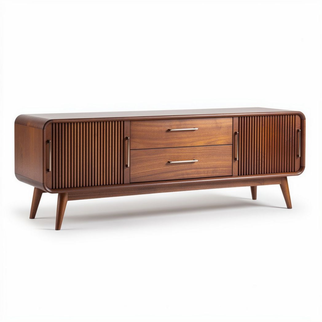 Mid-century modern wooden TV stand with storage drawers in walnut finish 150 x 40 x 50cm