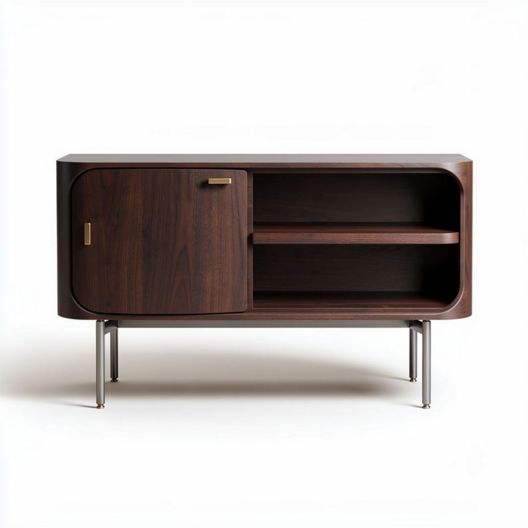Walnut wood media console with two shelves and one cabinet door 70 x 35 x 40cm