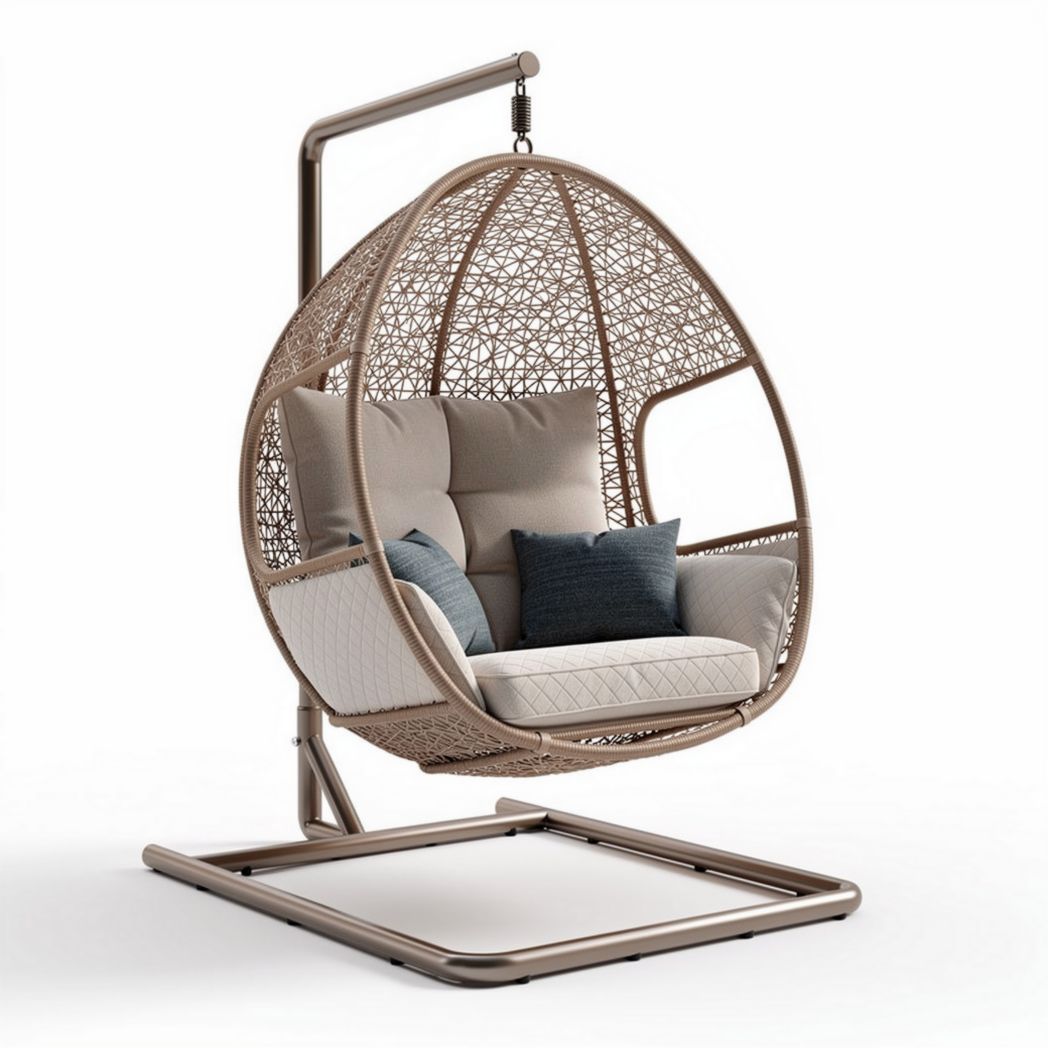 Hanging egg chair with metal frame and woven rattan design in neutral color