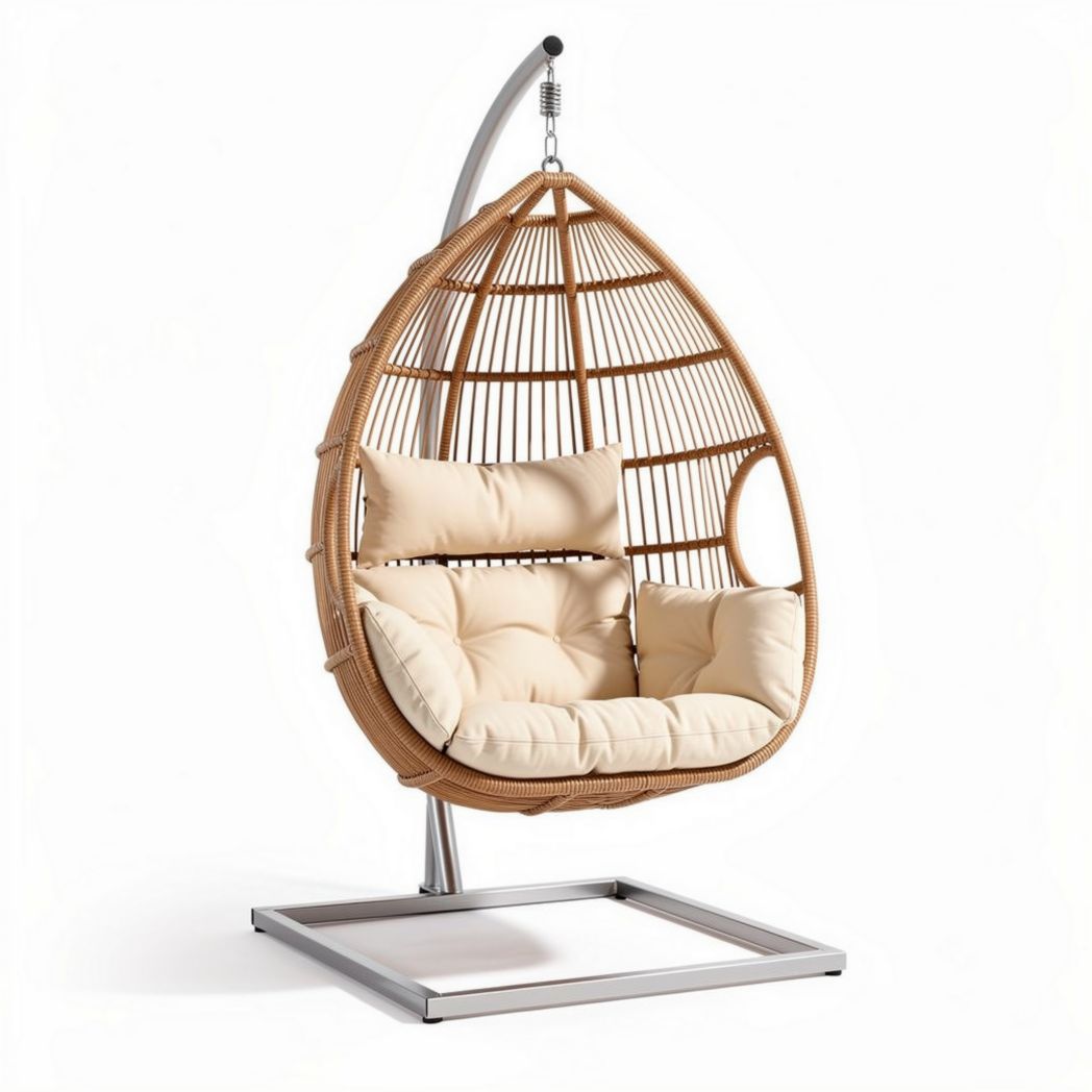 Hanging egg chair with beige cushion and steel stand for outdoor use