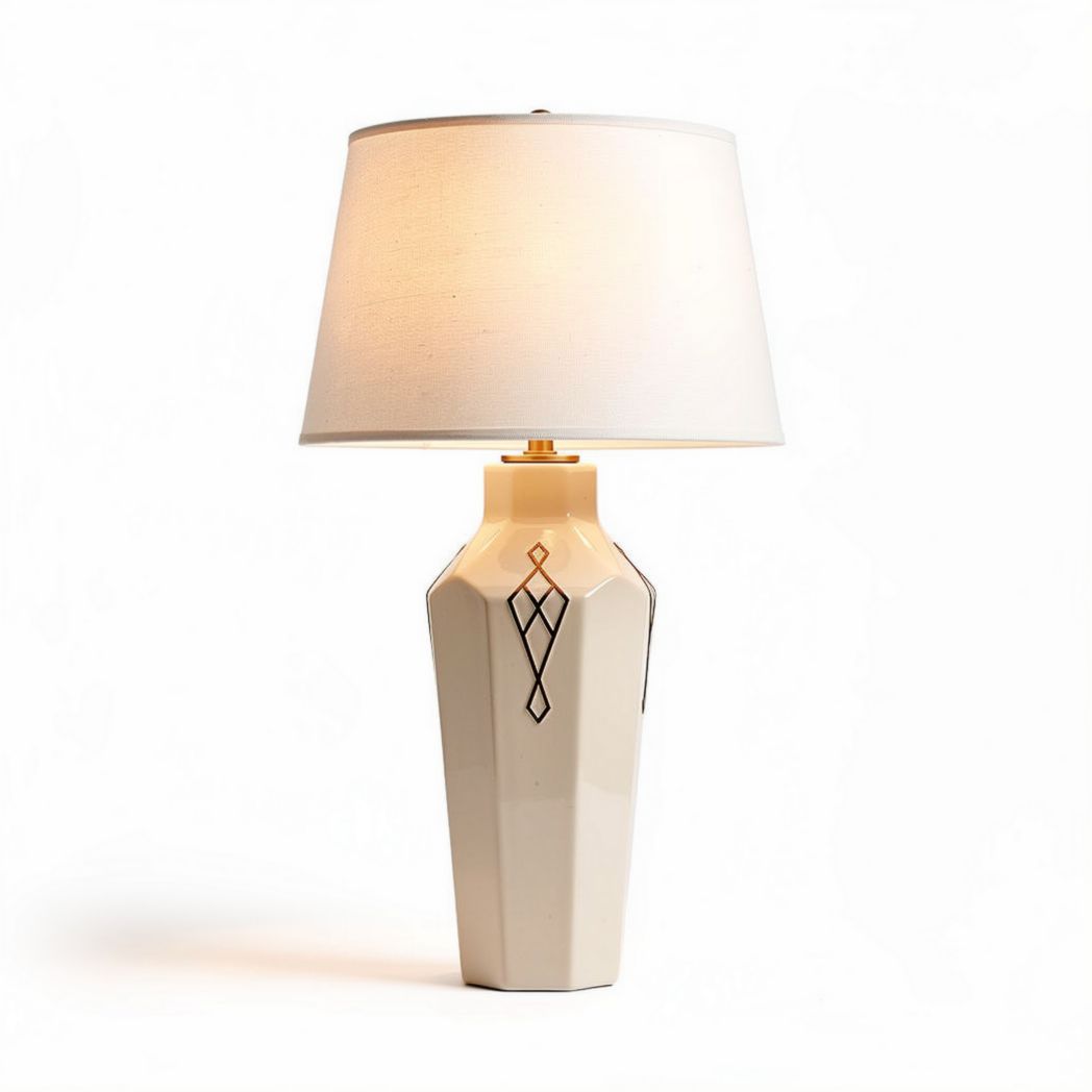 Ceramic table lamp with white shade and decorative geometric pattern 30 x 30 x 60cm