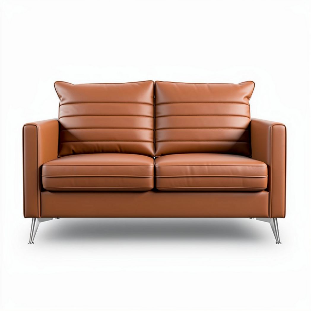 Brown leather two-seater sofa with sleek design and chrome legs 160 x 80 x 75cm