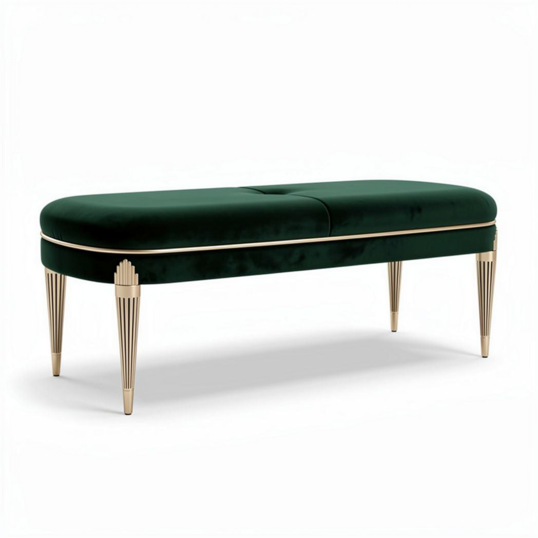 Emerald green velvet storage bench with gold accent legs 120 x 50 x 40cm